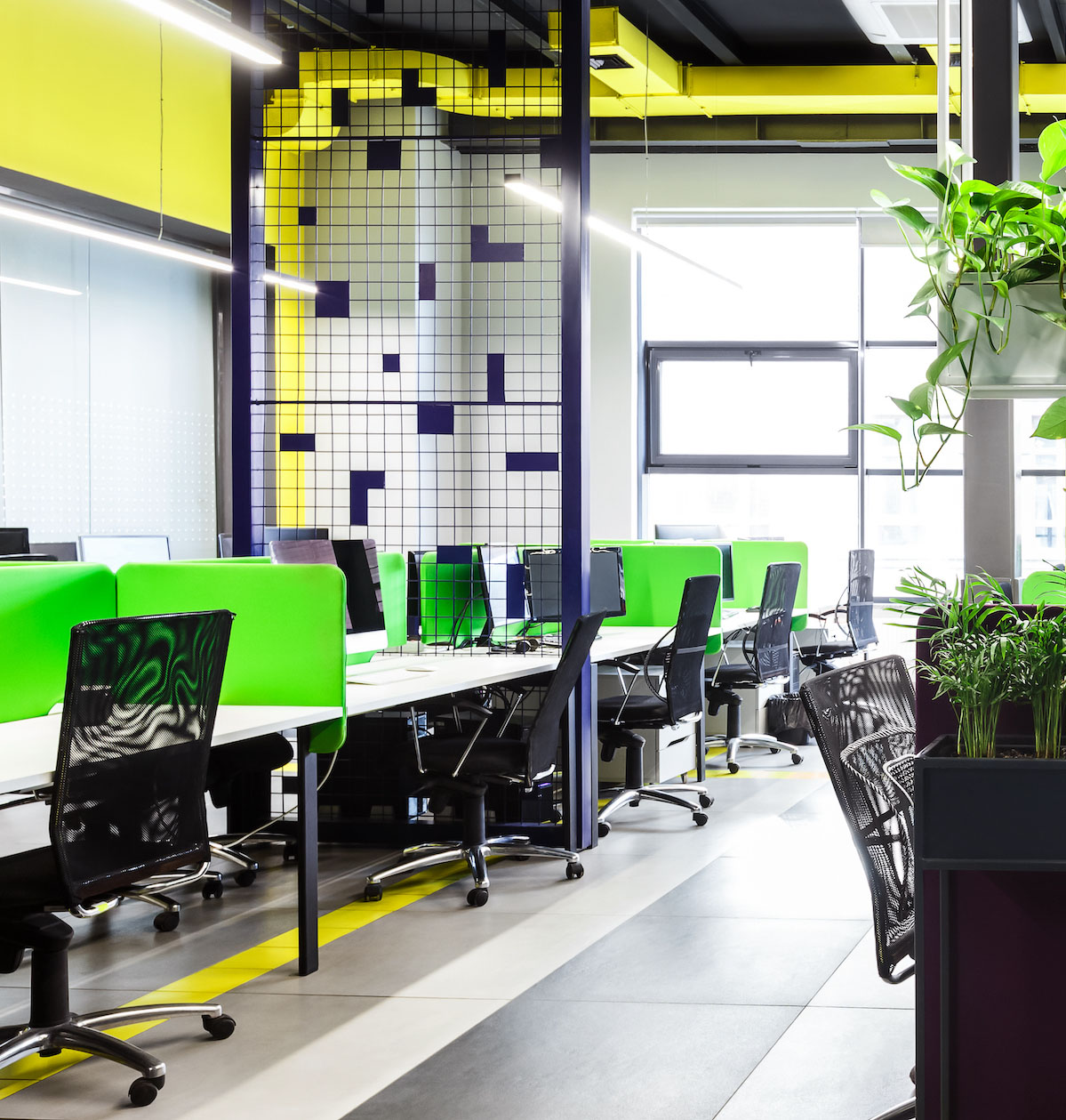 Modern open space office interior with green plants and big windows, panorama